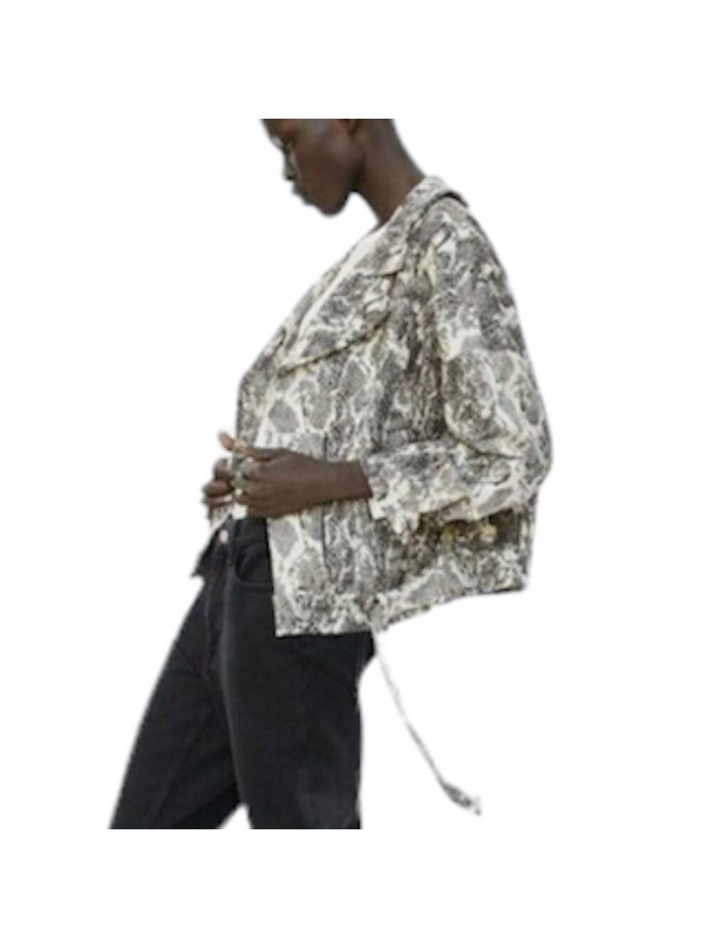 Zara oversized black beige snake print python jacquard moto bike jacket M